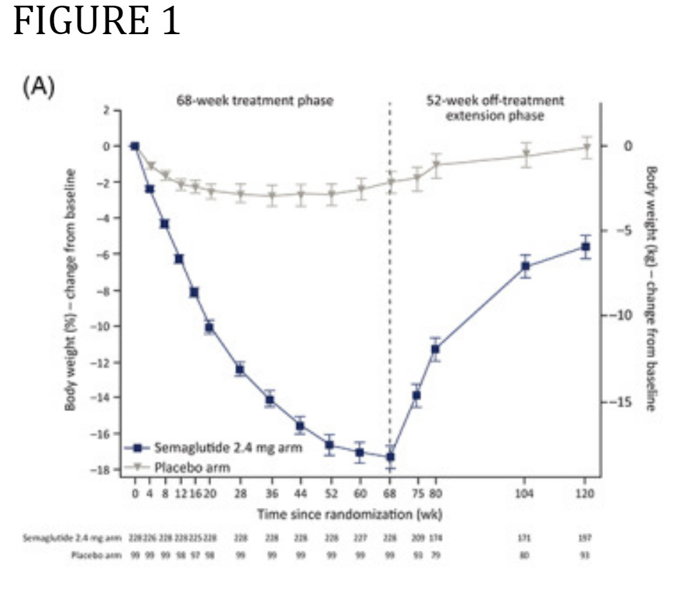 Graph showing that study participants lost weight over 68 weeks but then rapidly began regaining it as soon as they stopped taking the drugs. 