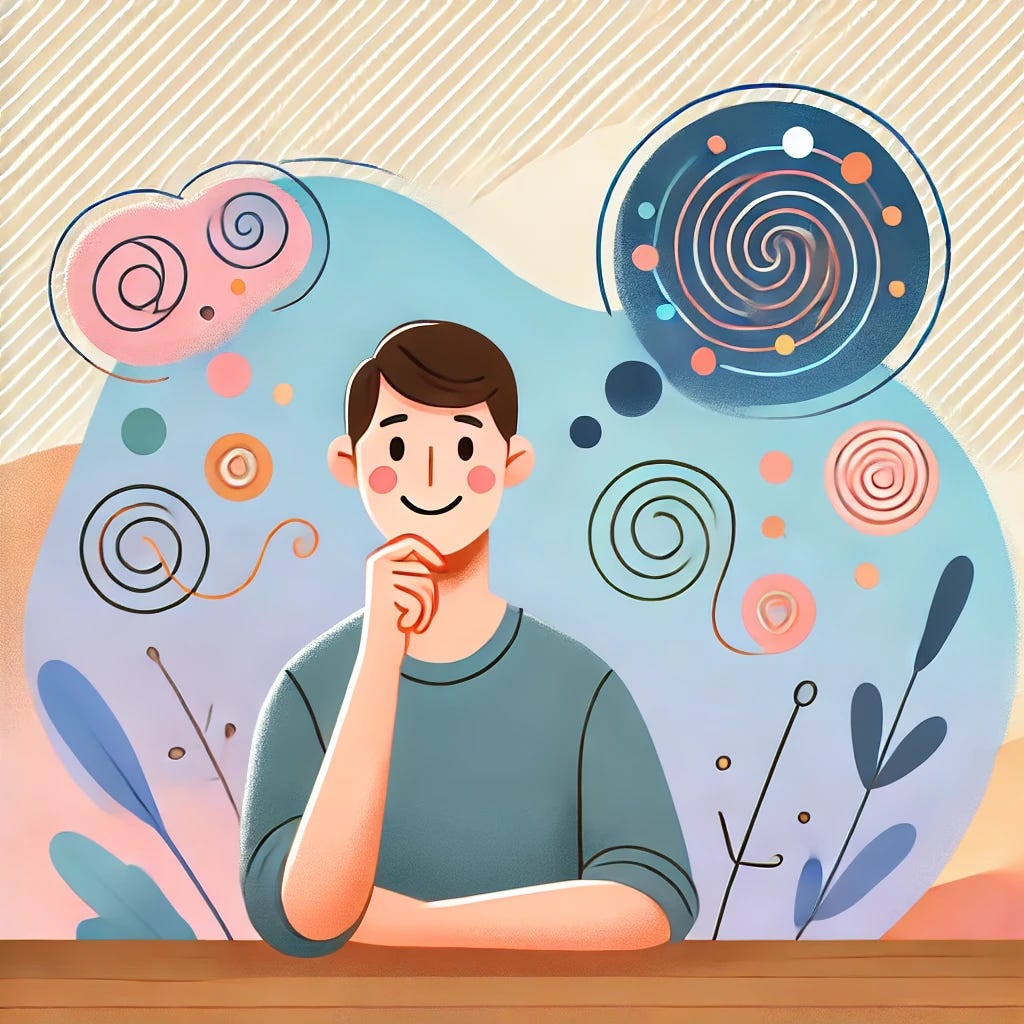 A friendly character with a warm and inviting expression, sitting at a desk surrounded by a peaceful, smooth-colored environment. The character is holding their chin thoughtfully, with small colorful thought bubbles around their head containing swirling lines, dots, and abstract shapes representing ADHD self-talk. The background features soft pastel colors and gentle gradients. The character appears calm yet thoughtful, with a slight smile, as if processing various thoughts in a relaxed manner. The design is clean, with a soft and friendly feel, suitable for understanding ADHD self-talk.