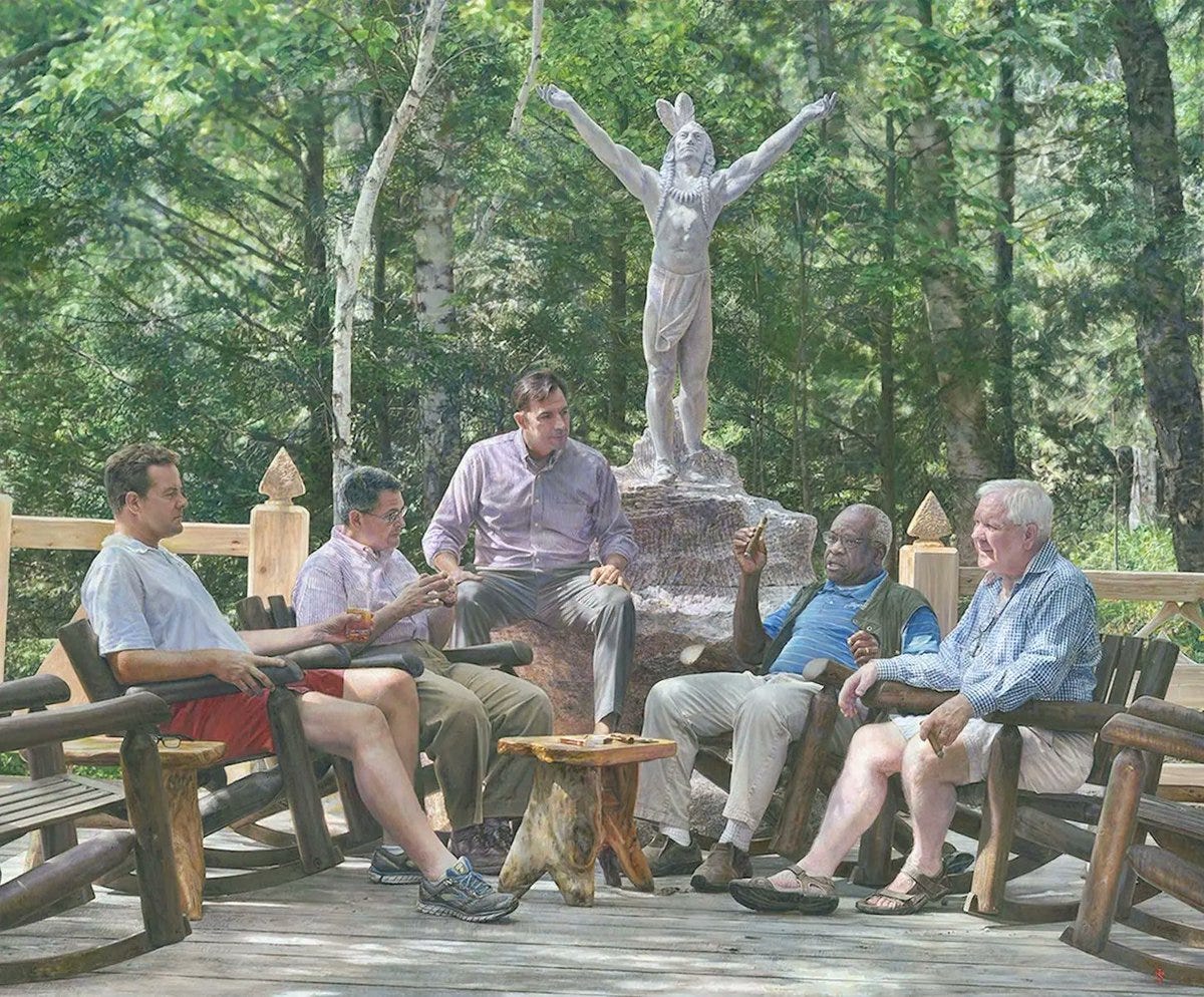 A painting that hangs at Camp Topridge shows Crow, far right, and Thomas, second from right, smoking cigars at the resort. They are joined by lawyers Peter Rutledge, Leonard Leo and Mark Paoletta, from left. The men are seated outdoors in casual attire, in front of a carved statue of a Native American man with his arms spread wide.

(Painting by Sharif Tarabay)
