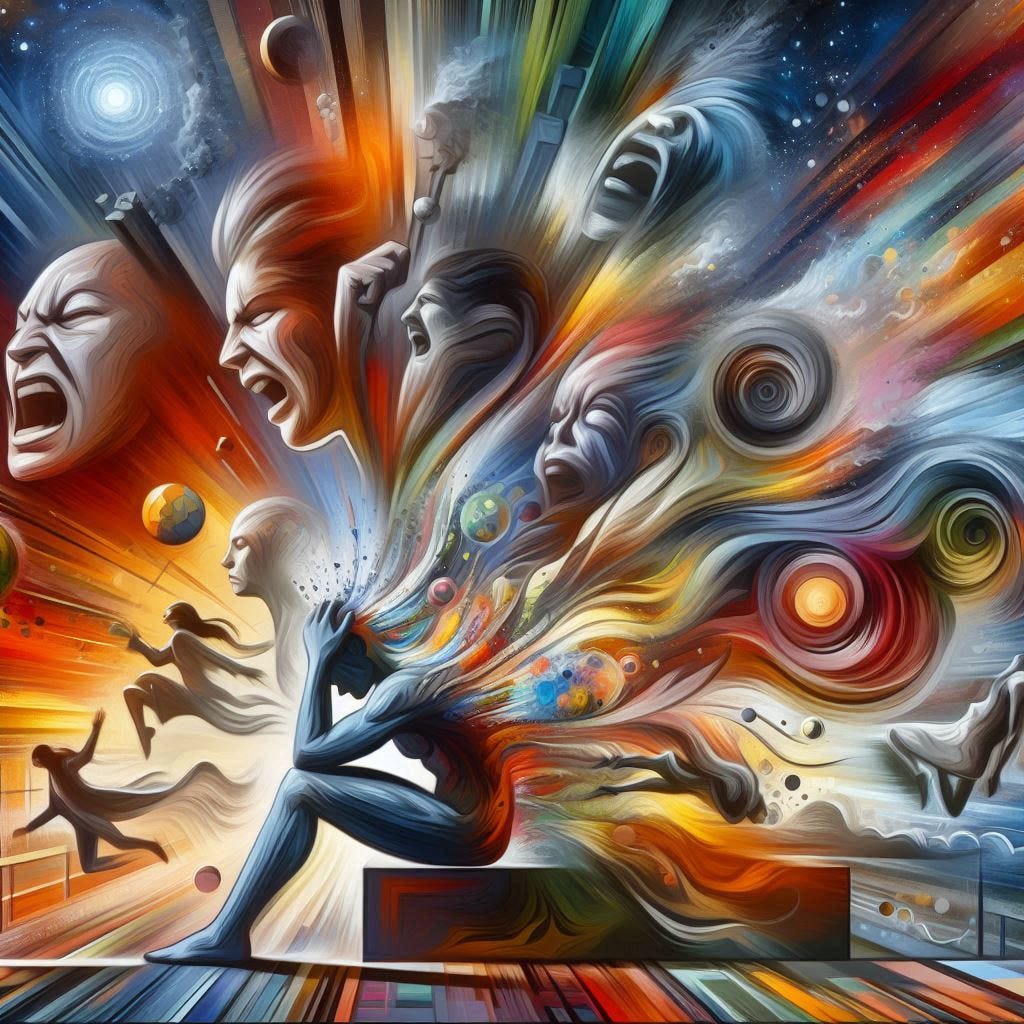 A depiction of a person experiencing all emotions at once and struggling to manage them. The scene captures the overwhelming nature of the emotions, with vivid expressions and body language conveying the complexity. The setting is abstract, with a blend of colors and elements representing different emotions, creating a dynamic and intense atmosphere.