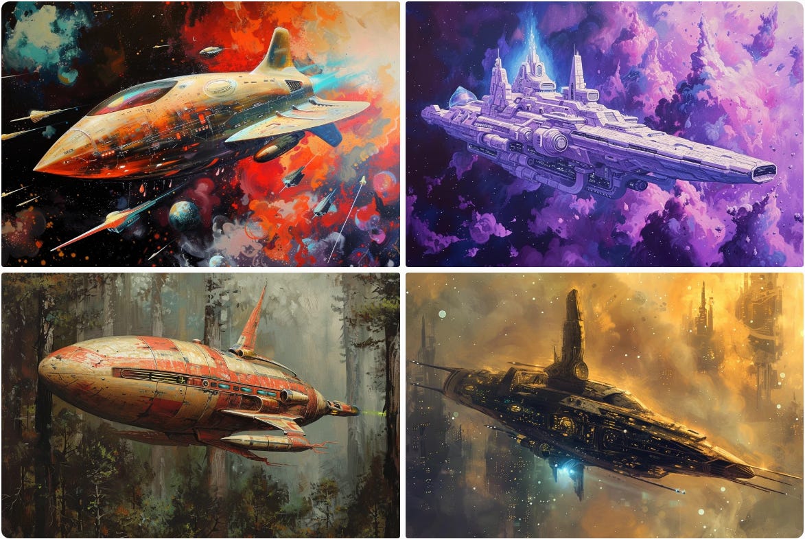 Four-image grid of paintings of weird spaceships, Midjourney