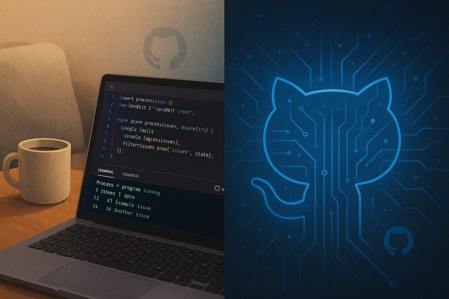 Image of a coffee cup and laptop with code on it on the left and a blue octocat (the GitHub logo) in neon with what looks like PCB traces running through it