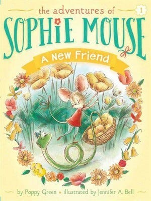 a new friend by poppy mouse, cover is a colorful wreath of follows with a mouse and snake acting like friends inside