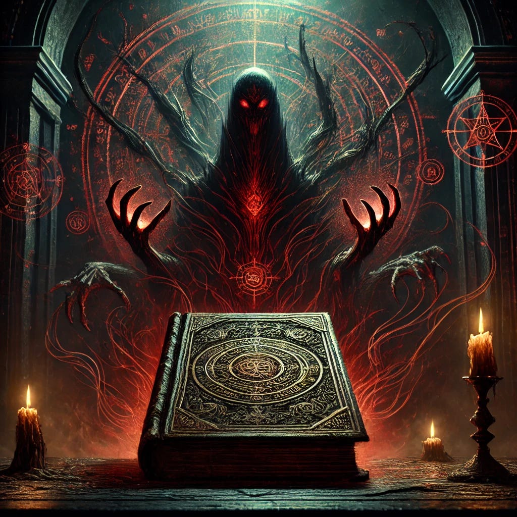 A dark and ominous digital painting depicting an ancient, sinister book resting on a shadowy altar, surrounded by eerie, glowing red symbols. The book appears aged and cursed, with demonic engravings and smoky tendrils rising from its pages. The atmosphere is foreboding, with a dim, flickering light casting shadows that resemble twisted, clawed hands reaching outward. The background suggests a hidden, forbidden place, such as an underground lair or a forgotten temple.