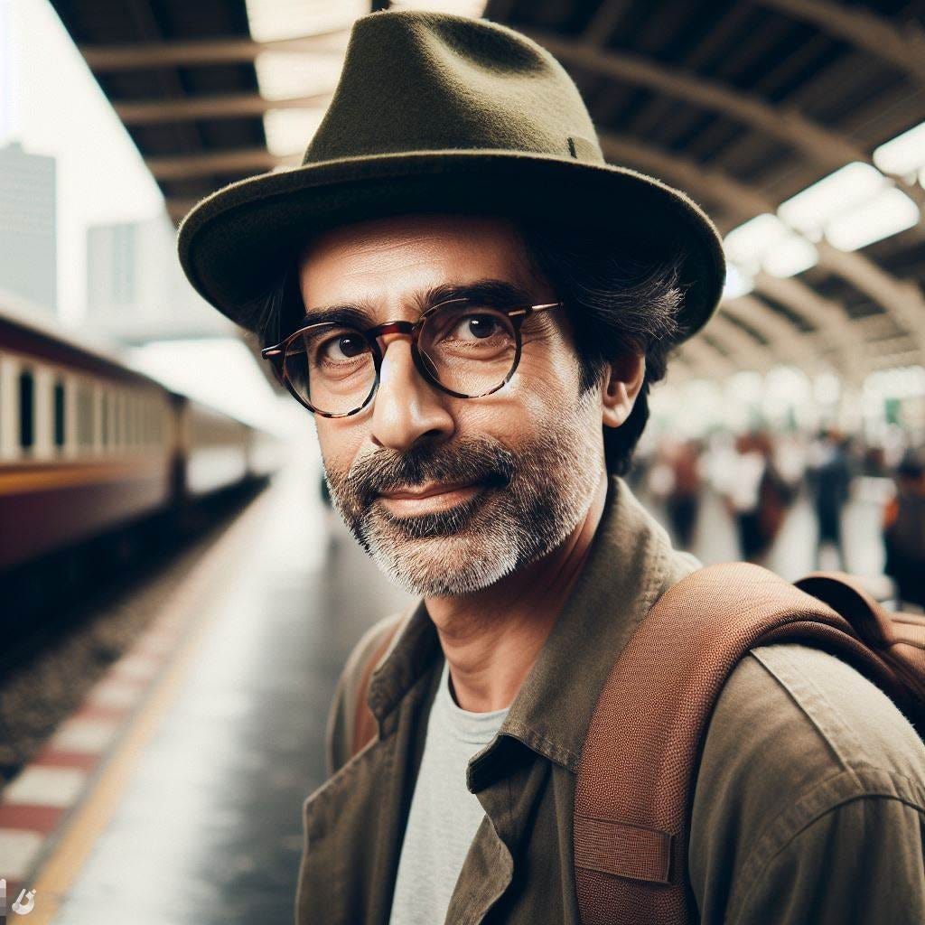 Middle aged Man with glasses and a brownish green fedora on a train platform