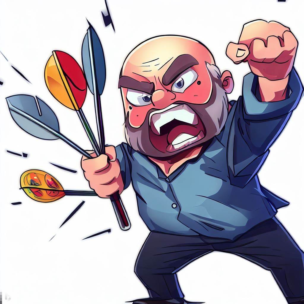 angry Dave Ramsey throwing darts, anime cartoon