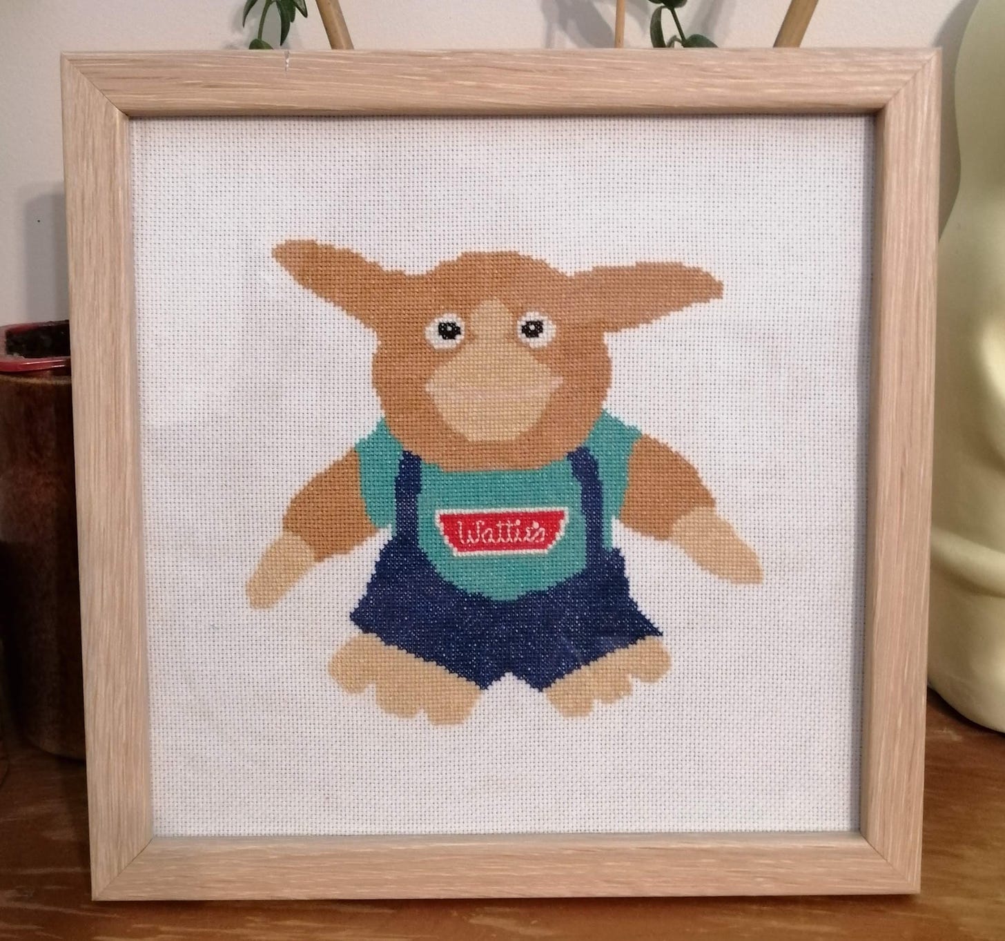Cross stitch of Getty the Wattie's spaghetti yeti from the 90s. He looks a bit cuter than the puppet from the TV ads as a cross stitch