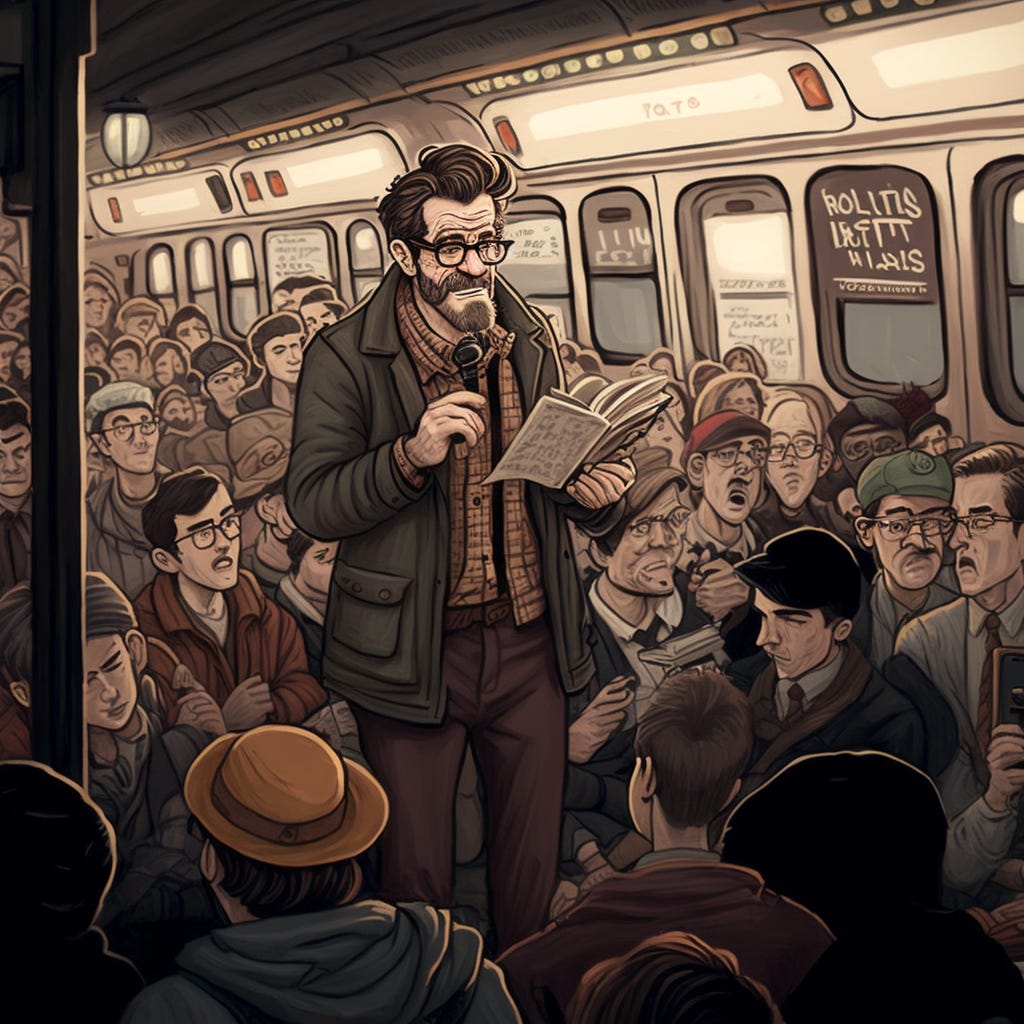 A comedian doing his act on the subway