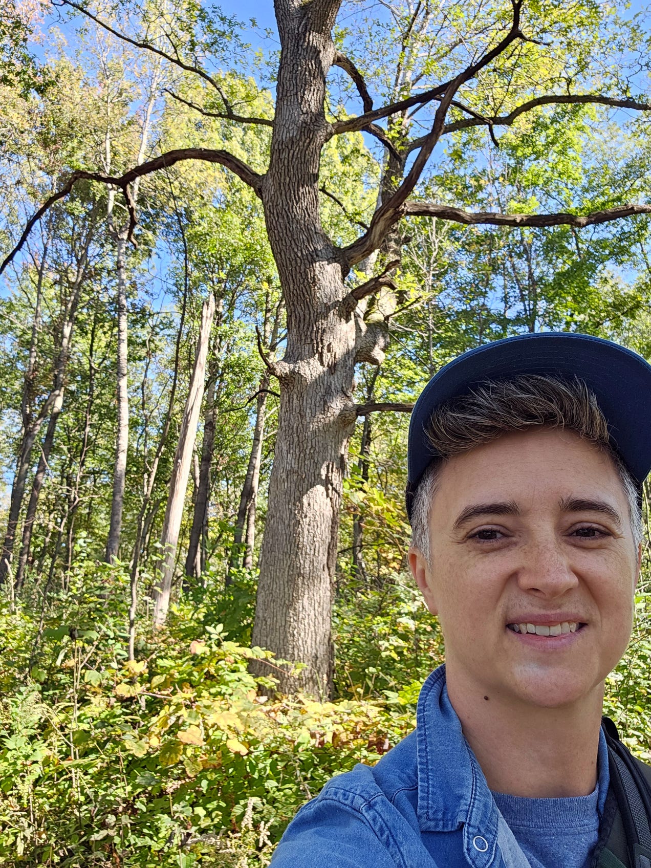 Emily, wearing a blue baseball-style hat, smiles into the camera. In the background is a tall tree with sprawling branches, backed by many more trees in an open forest setting. Blue sky is overhead.