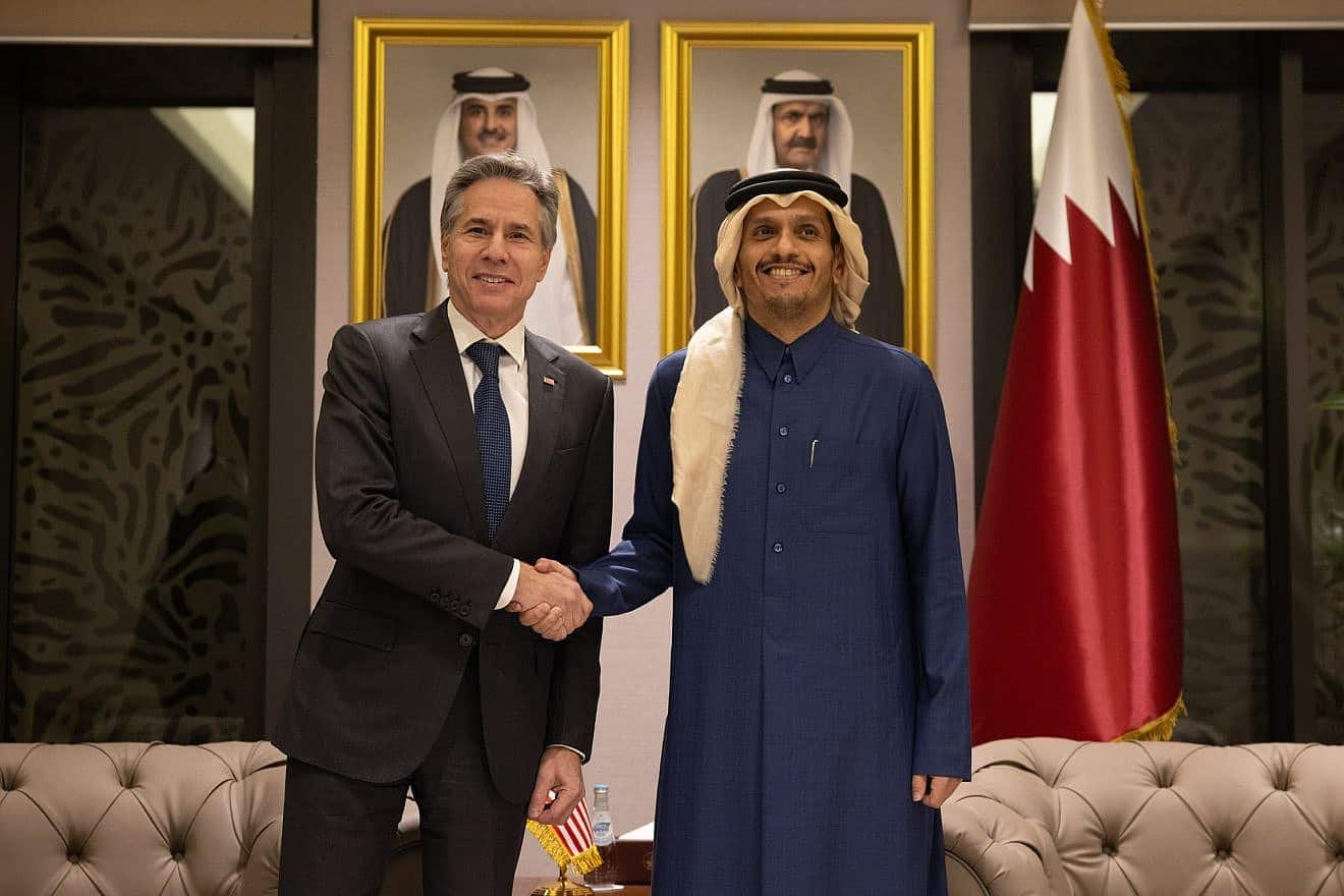 U.S. Secretary of State Antony Blinken with Qatari Prime Minister and Foreign Minister Mohammed bin Abdulrahman Al Thani in Doha, Qatar on Feb. 6, 2024. Credit: Chuck Kennedy/U.S. State Department.