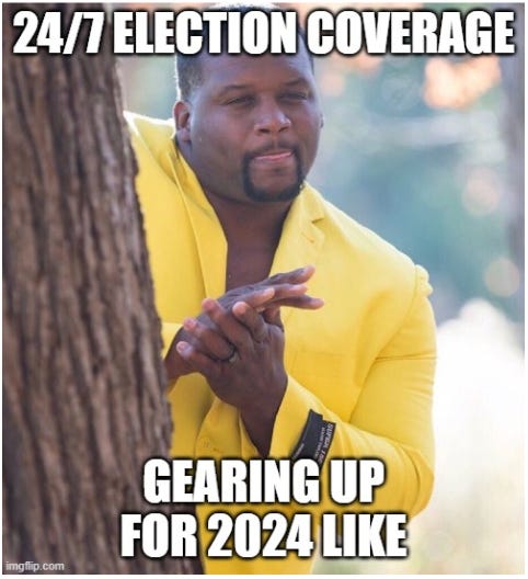 Person peering out from behind tree with caption "24/7 election coverage; gearing ups or 2024 like"
