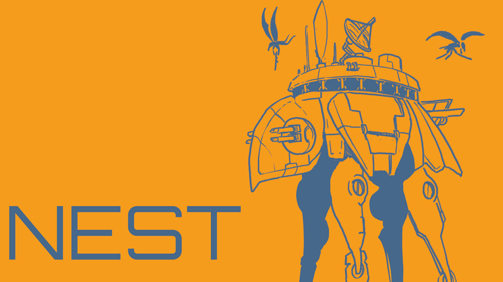 The title NEST in all caps against an orange background. To the right is a large robot that resembles a shelled, four-legged animal