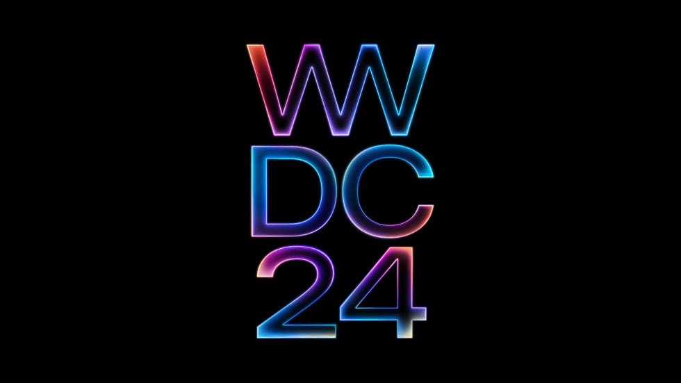 Apple WWDC 2024 in a multicolor, metallic font is set against a black background