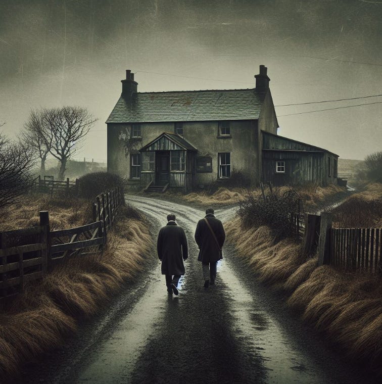 Two people walking on a road with a house in the background

Description automatically generated