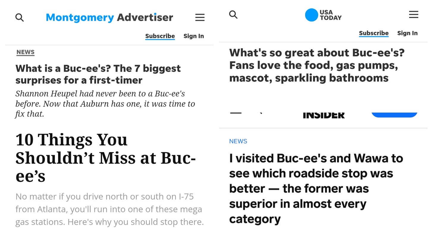 A selection of headlines from articles about Buc-ee’s.