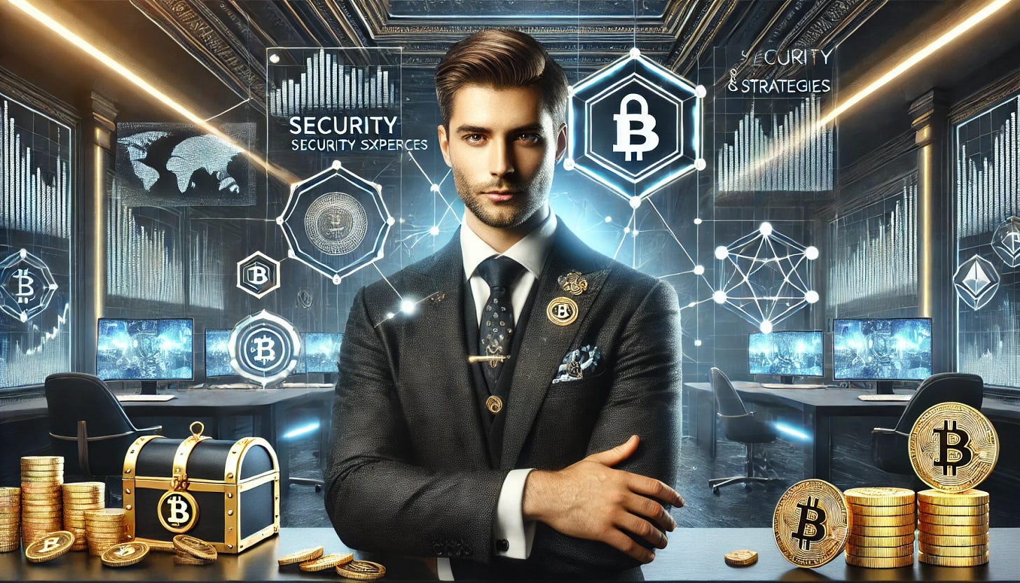 An ultra-realistic banner featuring a confident 'cryptobro' who is a security expert, presenting investments and wealth strategies. The individual has a sharp, professional appearance, wearing a tailored suit with a modern crypto-themed lapel pin. He is seated in front of a sophisticated workspace with glowing multi-monitor screens displaying blockchain networks, cryptocurrency graphs, and cybersecurity symbols. The background includes elements like a digital vault, stacks of gold coins, and subtle, futuristic lighting. The overall design conveys authority and innovation, suitable for promoting cryptocurrency and financial expertise.