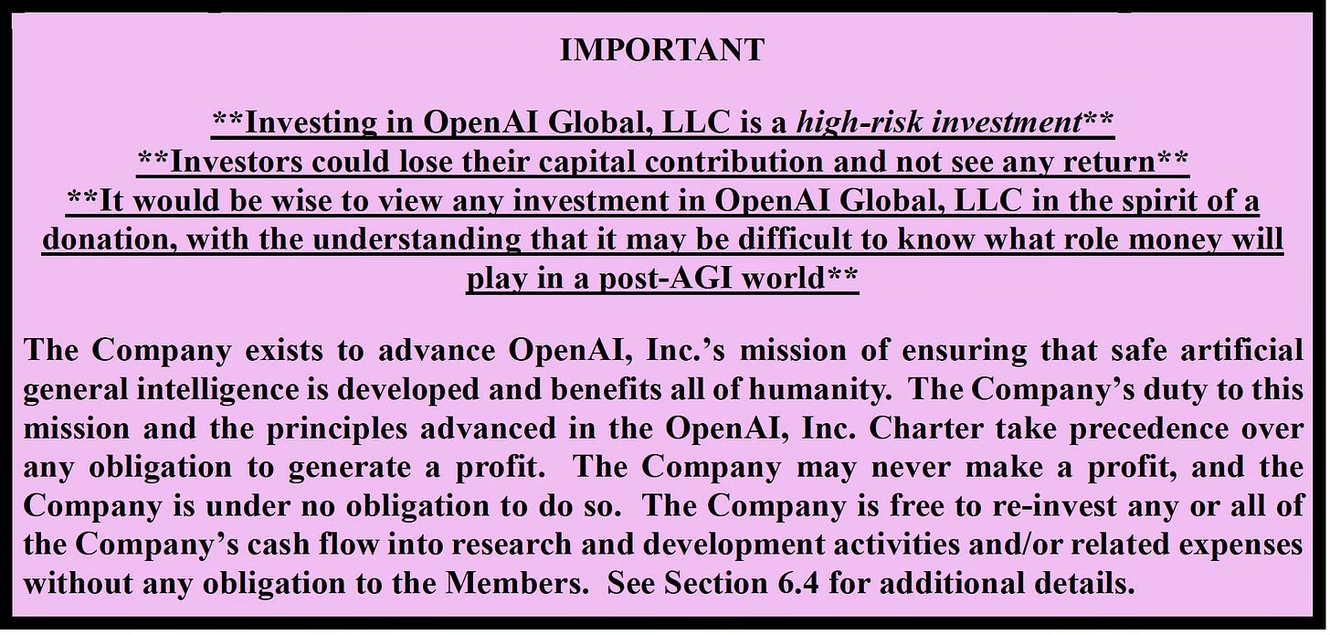 The OpenAI Global risk disclosure. "It would be wise to view this as a donation." Investors do not see it that way.