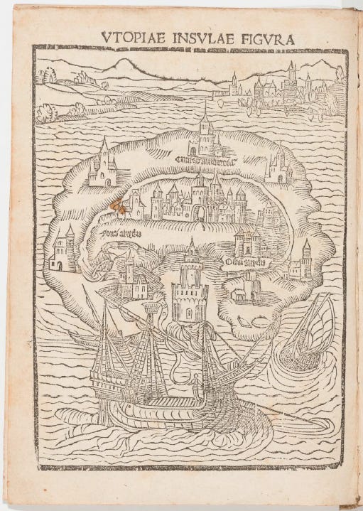 carte de l'île imaginaire d'Utopia d'après Thomas Moore (1516)