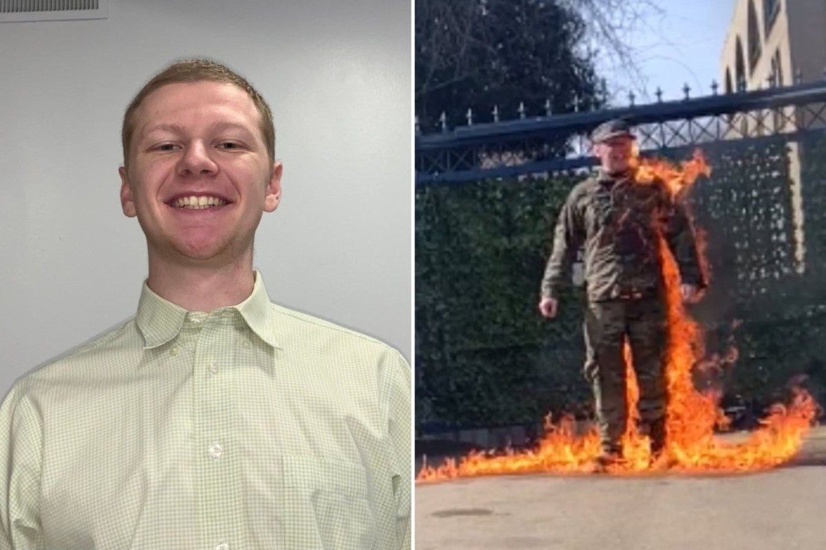 side by side photo of martyred airman aaron bushnell smiling in a selfie and shortly after setting himself on fire to protest in solidarity with palestinians