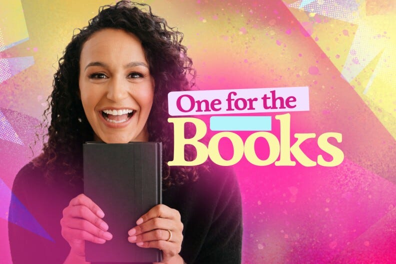 A promotional graphic with yellow and pink overlays. Pictured to the left is host Traci Thomas, a black woman, smiling and holding a book between her two hands. The title "One For The Books" is over the image.