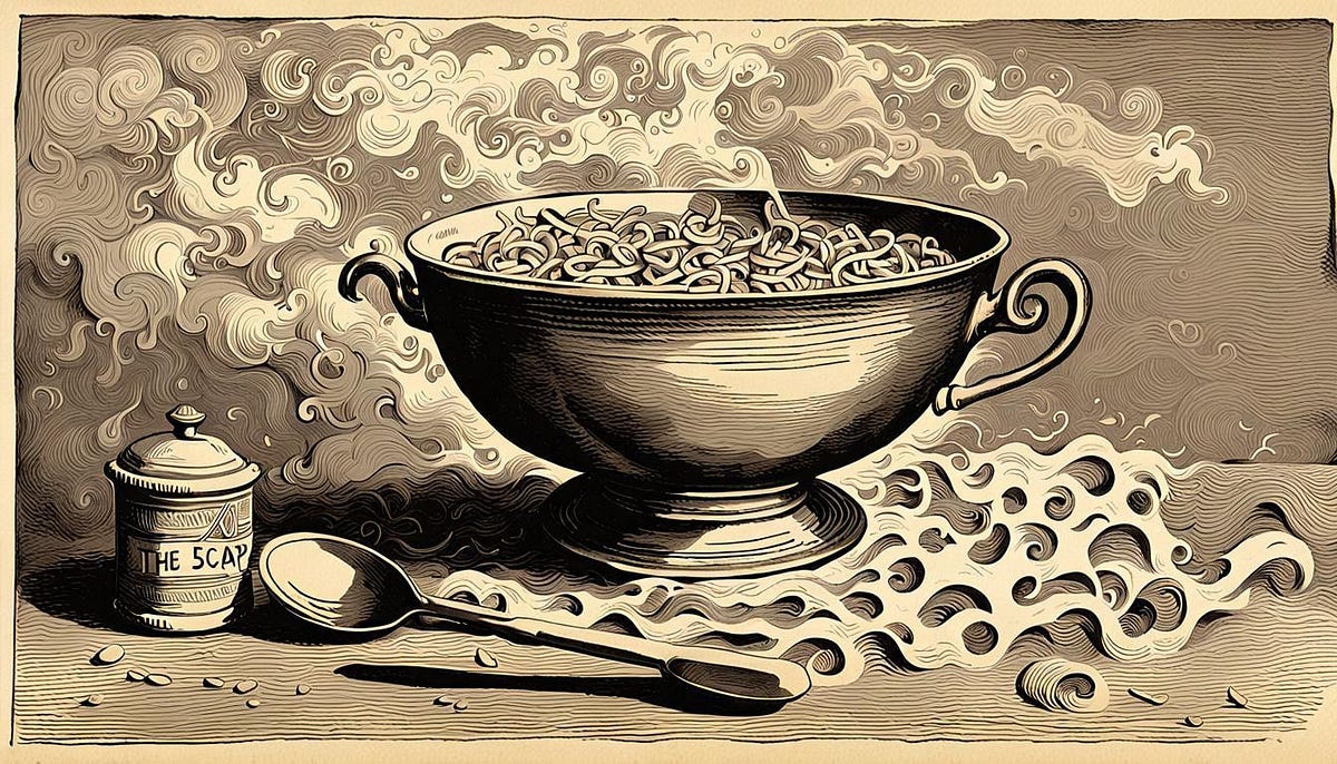 Art in grey, a bowl of alphabet soup