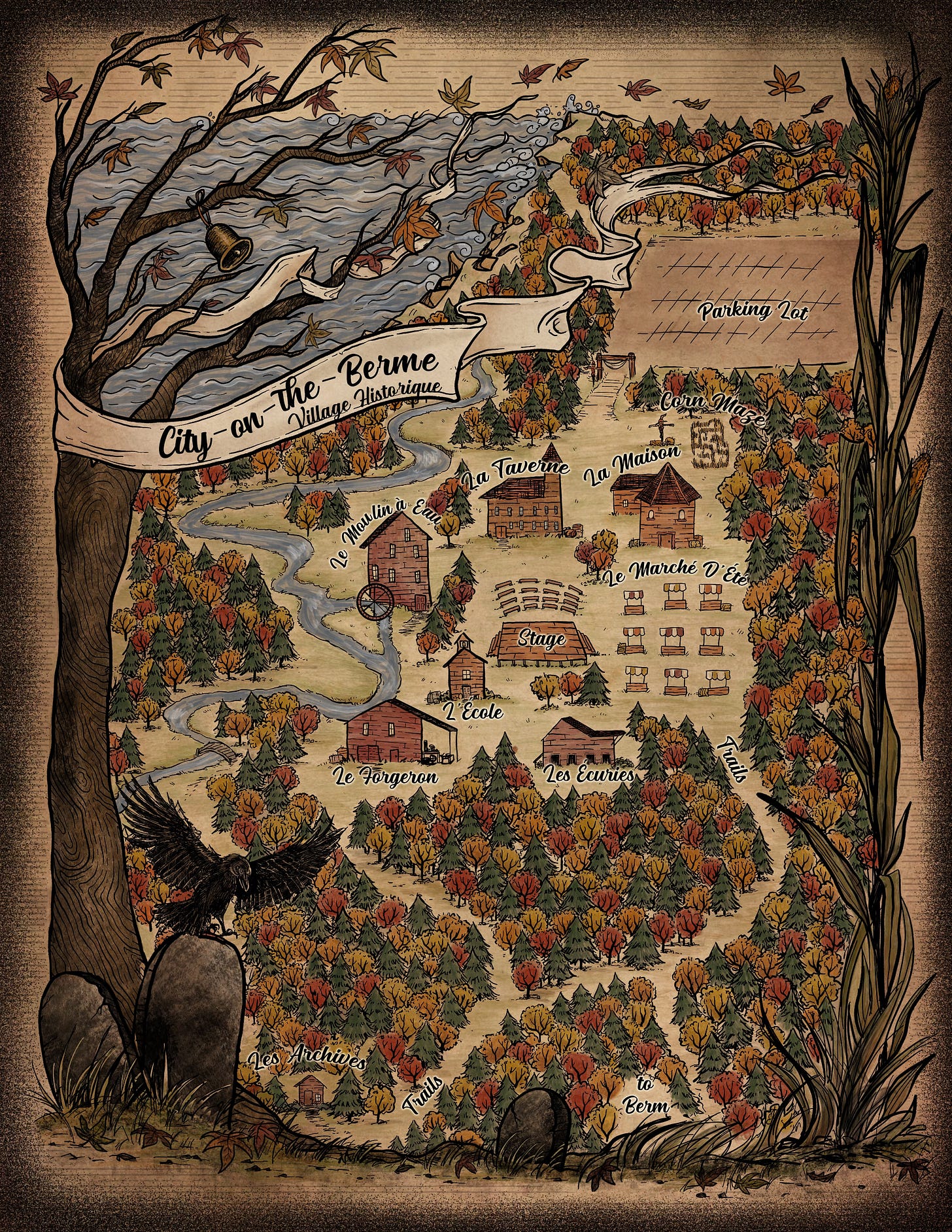 An illustrated map of City-on-the-Berme Village Historique from The Executioners Three, showing fall foliage forests with a lake at the top and trails at the bottom, plus the village's historical buildings like a schoolhouse, a forge, a watermill, and a tavern.