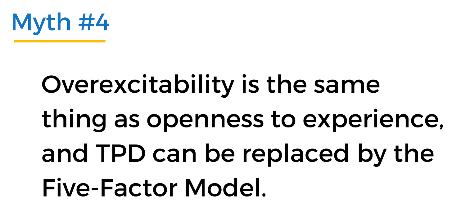 Image description: slide with "Myth #4: Overexcitability is the same thing as openness to experience, and TPD can be replaced by the Five-Factor Model."