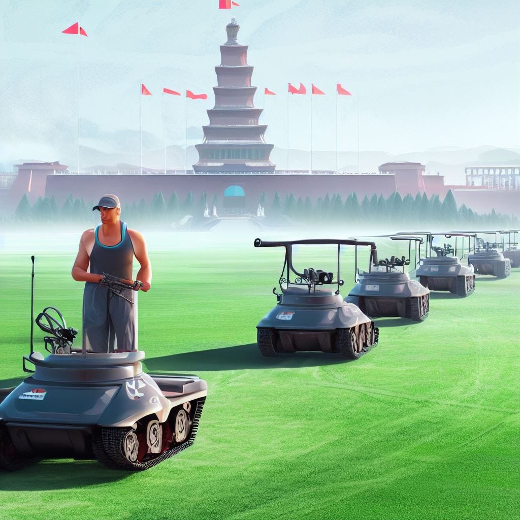 Tiananmen square "Tank Man" picture, but he's on a golf course, and "Tank Man" is wearing fitness trackers and biometric AI, and the four tanks lining up are all tank golf cartsphotorealism