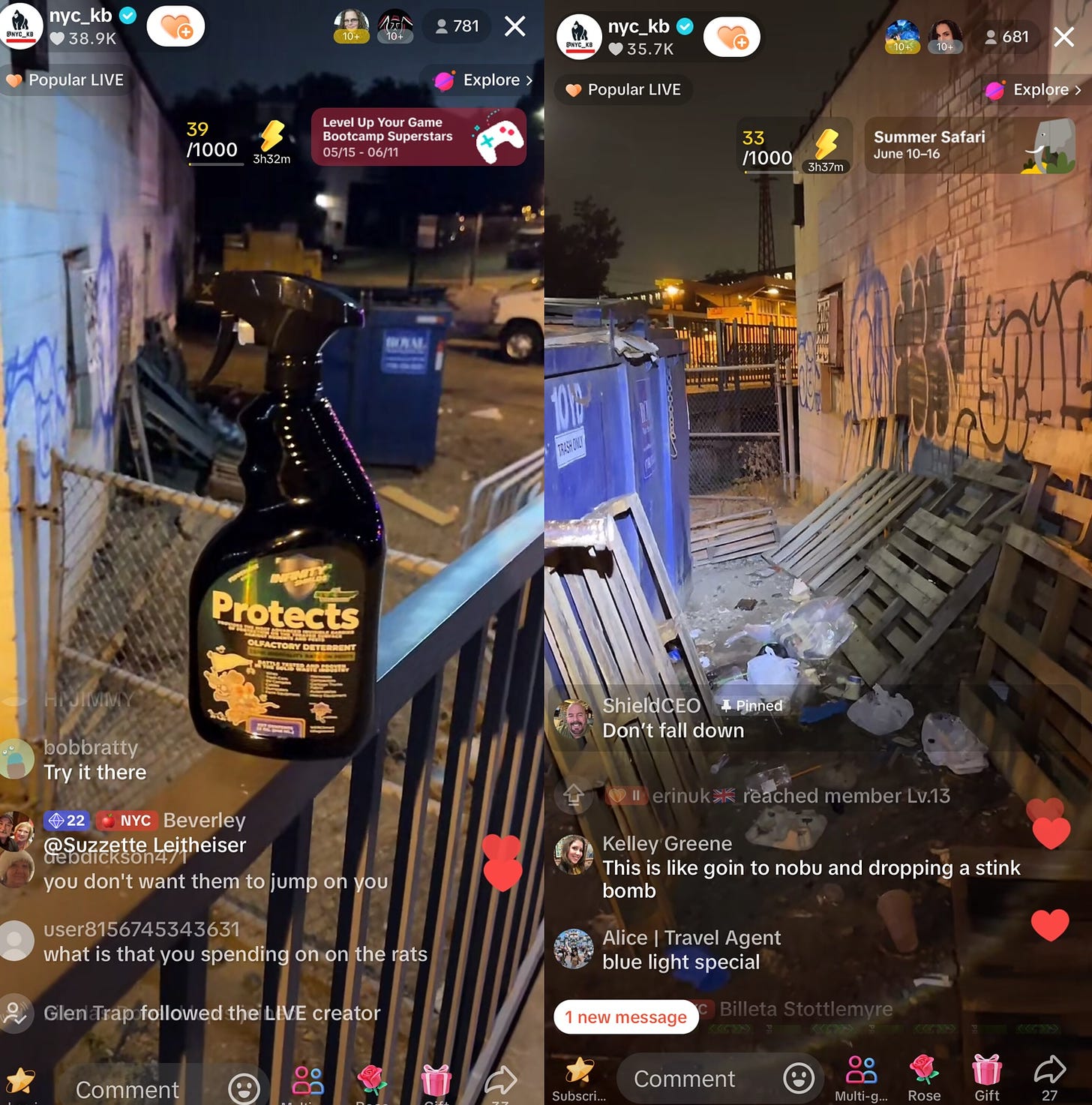 Two side-by-side TikTok screenshots from the nyc_kb account. The one on the left shows a spray bottle of some kind of "olfactory deterrent." In the background is a fence and a dumpster. In the second image, we're on the other side of the dumpster and there are rats in some trash and wooden pallets. I've commented there and it says "This is like goin to nobu and dropping a stink bomb."