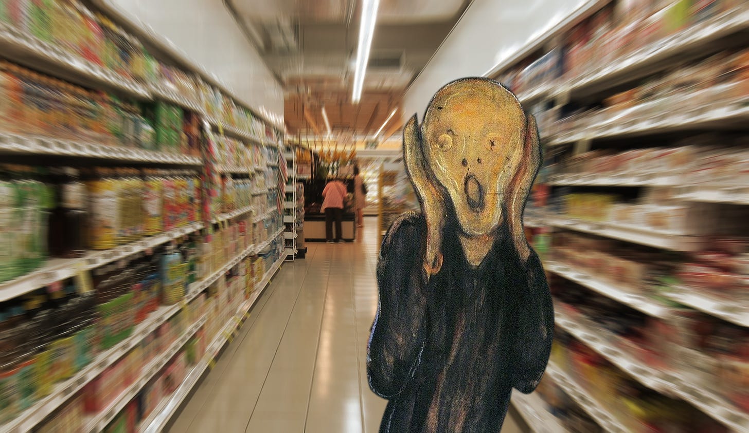 O simpático personagem do quadro O Grito, de Edvard Munch, vai ao supermercado