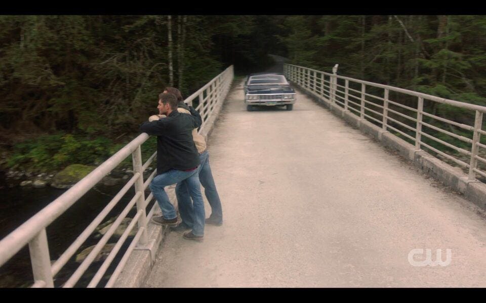 Baby Impala driving up to Jensen Ackles Jared Padalecki on SPN bridge