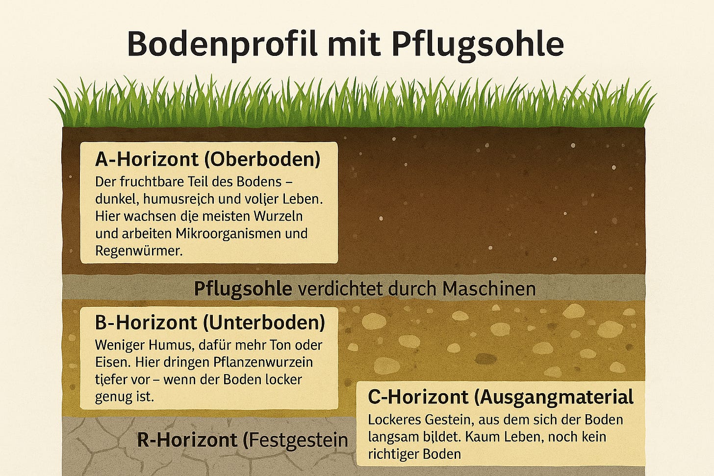 Eine schematische Darstellung eines Bodenprofils mit mehreren Farbschichten. Oben der A-Horizont (Oberboden, humusreich und lebendig), darunter eine durch Maschinen verdichtete Pflugsohle. Anschließend folgt der B-Horizont (Unterboden mit höherem Tongehalt und weniger Leben), dann der C-Horizont (kaum belebtes Ausgangsmaterial) und ganz unten der R-Horizont (festes, unverwittertes Gestein). Die Infografik trägt den Titel 'Bodenprofil mit Pflugsohle'. Eine schematische Darstellung eines Bodenprofils mit mehreren Farbschichten. Oben der A-Horizont (Oberboden, humusreich und lebendig), darunter eine durch Maschinen verdichtete Pflugsohle. Anschließend folgt der B-Horizont (Unterboden mit höherem Tongehalt und weniger Leben), dann der C-Horizont (kaum belebtes Ausgangsmaterial) und ganz unten der R-Horizont (festes, unverwittertes Gestein). Die Infografik trägt den Titel 'Bodenprofil mit Pflugsohle'.