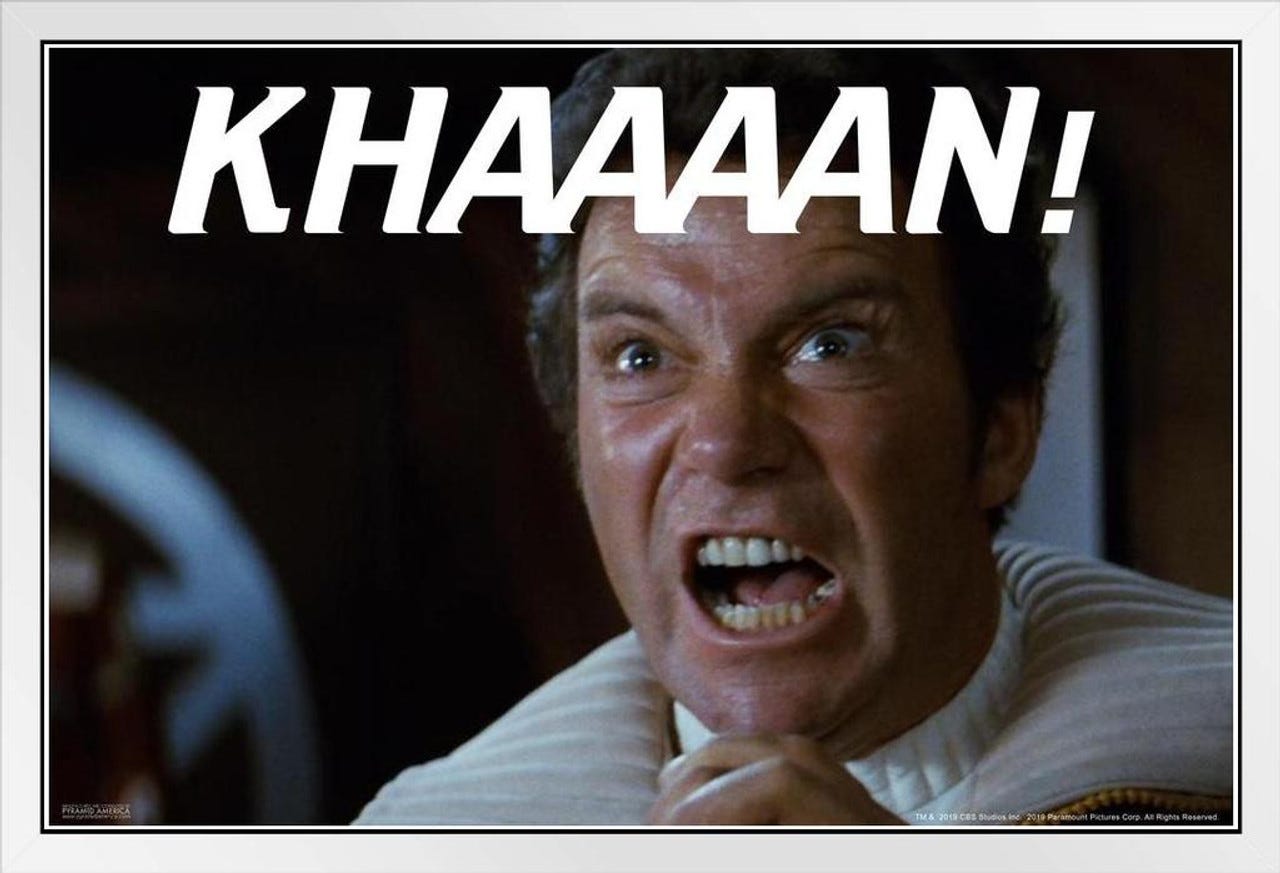 Captain Kirk KHAN Meme Star Trek II The Wrath of Khan Funny Yell Face Movie  Merchandise White Wood Framed Poster 14x20