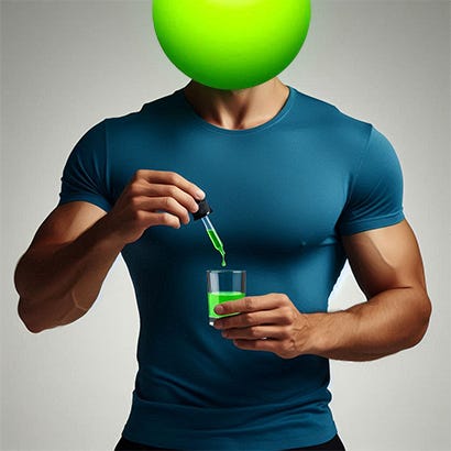 Photo of an attractive man wearing a well-fitting untucked blue t-shirt and black shorts standing alone, gently squeezing an eyedropper (containing neon green liquid) into a small, clear, empty drinking glass. The man doesn't have a head but instead has a basic bright neon green sphere in its place. The photo is zoomed out enough that the full green sphere is visible (not cut off).