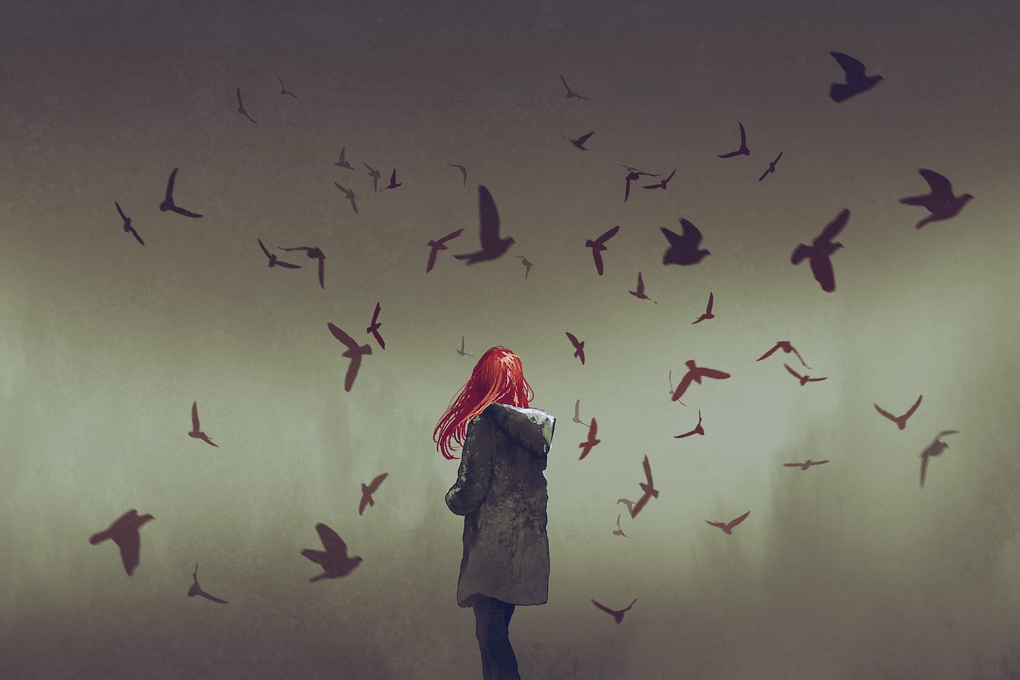 Woman standing under ominous flock of birds.