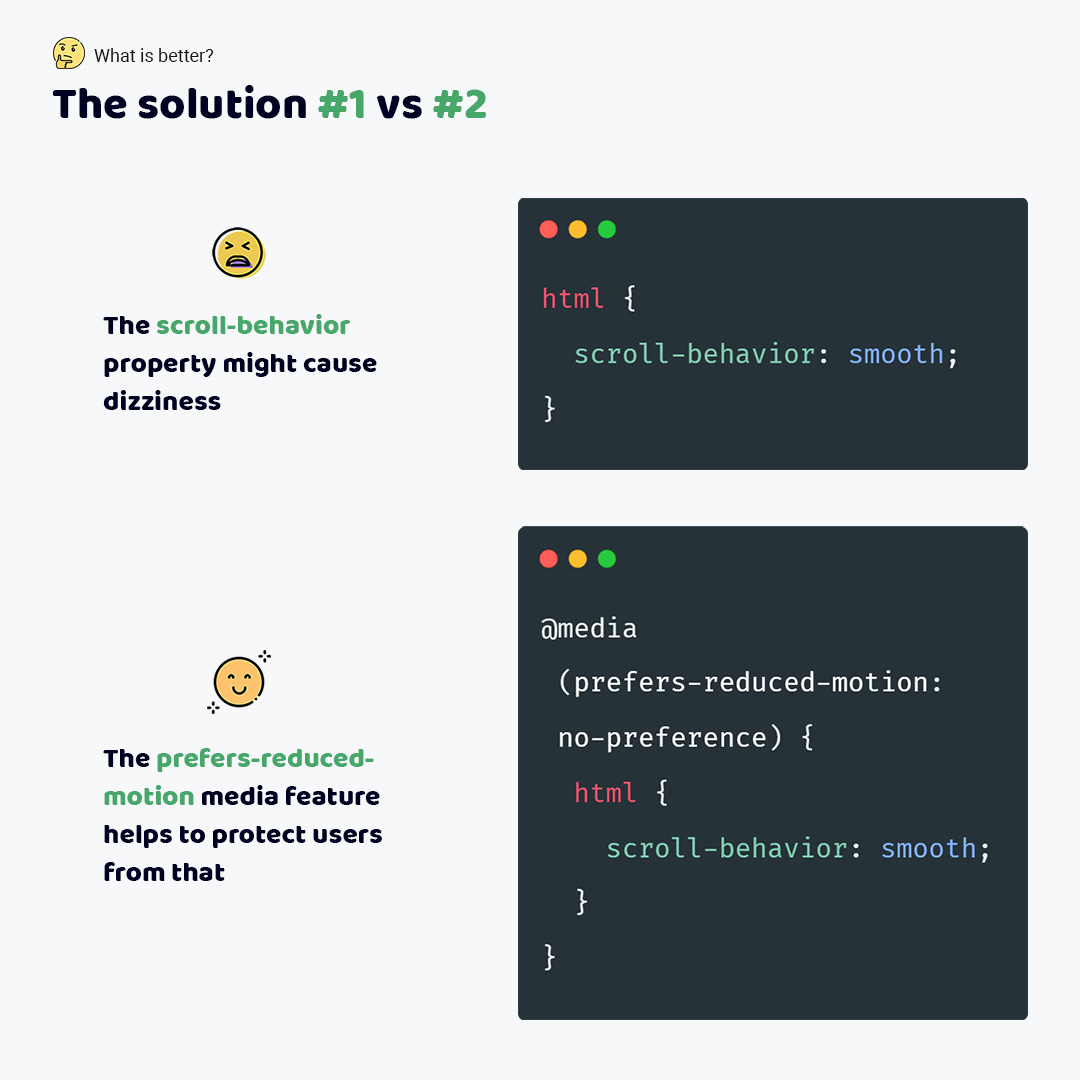 Code#1 defines scroll-behavior: smooth via the html selector. Code#2 defines the same but it's wrapped @media (prefers-reduced-motion: no-preference)