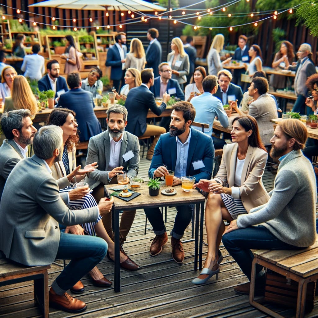 A vibrant and informal networking event within the food industry, showcasing a diverse group of professionals from different sectors of the value chain. The setting is a relaxed outdoor venue with natural lighting and casual seating areas. People from various roles such as producers, distributors, logistics coordinators, and retail representatives are actively engaging in discussions. They are exchanging ideas and business cards, forming partnerships, and strengthening relationships. The atmosphere is friendly and collaborative, emphasizing the importance of networking in driving the industry forward.