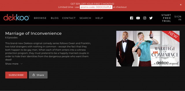 Screen shot of the landing page for Marriage of Inconvenience, a new 6-ep romcom streaming on Dekkoo