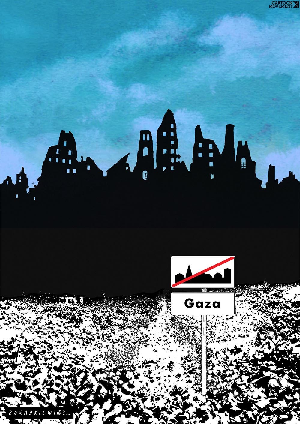 Cartoon showing Gaza in ruins with a 'now leaving the built-up area' traffic sign in front of it.