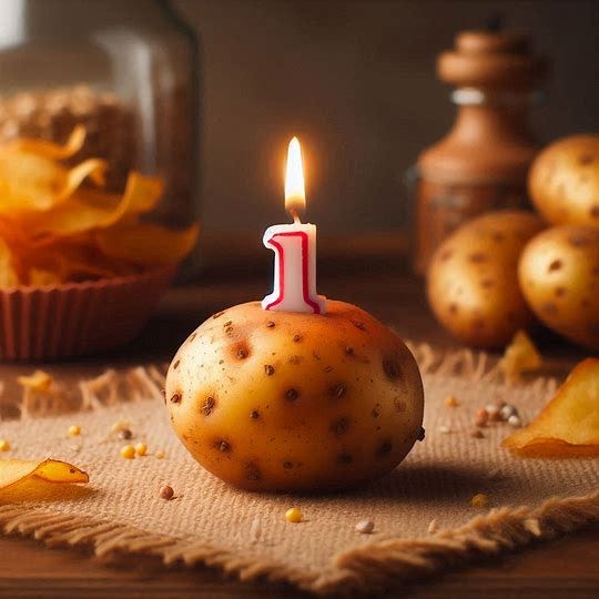 a small potato with a candle in it, like a birthday cake showing one year. Image 2 of 4