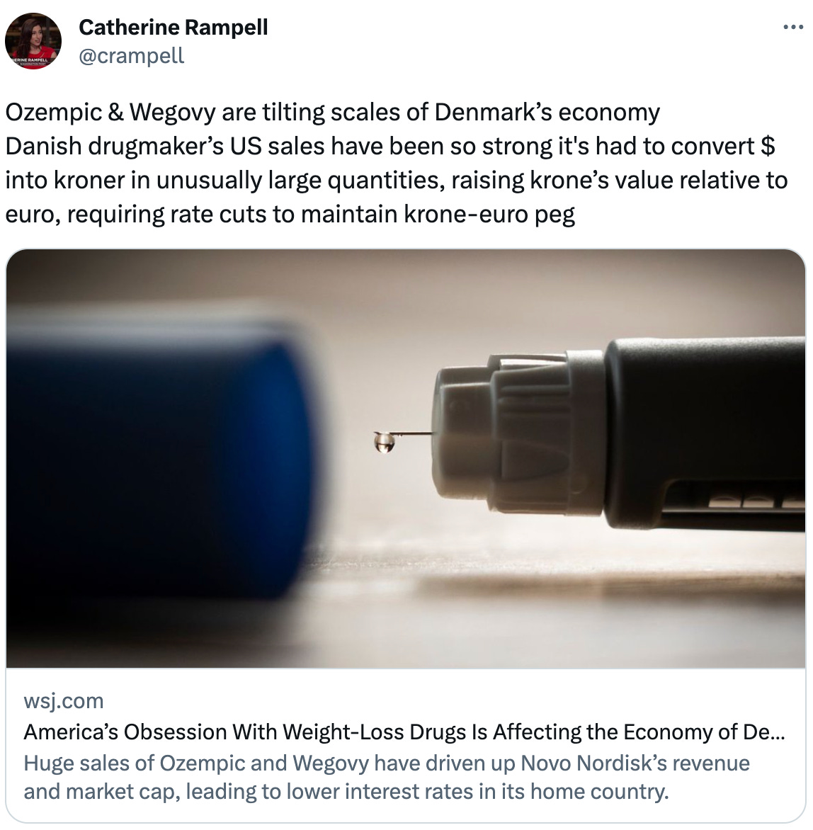  Catherine Rampell @crampell Ozempic & Wegovy are tilting scales of Denmark’s economy Danish drugmaker’s US sales have been so strong it's had to convert $ into kroner in unusually large quantities, raising krone’s value relative to euro, requiring rate cuts to maintain krone-euro peg