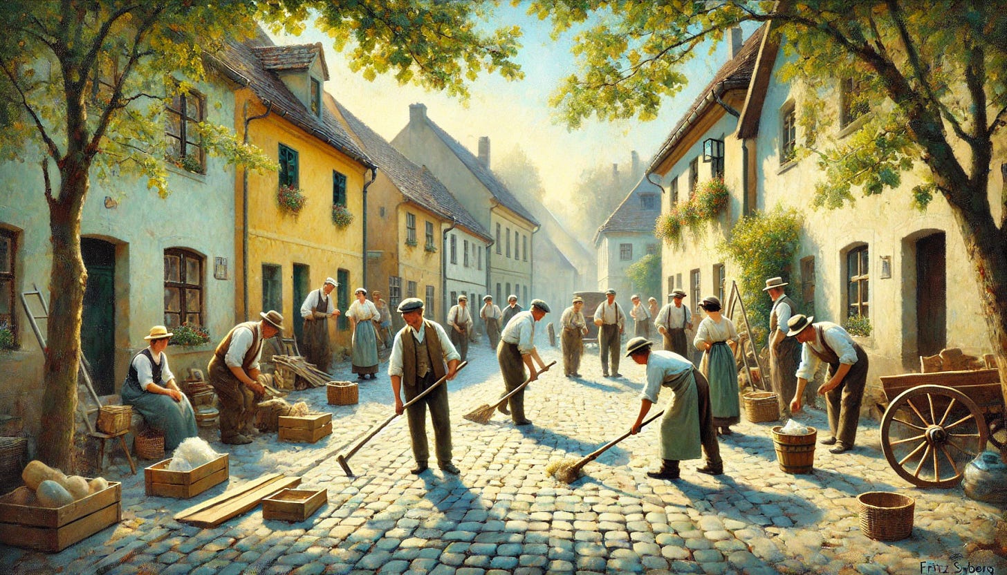 An impressionistic oil painting inspired by Fritz Syberg's style, depicting a team of people working early in the morning in a quaint European village. The team is engaged in various tasks—some carrying tools, others arranging goods, or sweeping cobblestones. They are dressed in simple, traditional attire, their movements purposeful yet calm. The scene is bathed in the soft, golden light of early morning, with dappled sunlight filtering through leafy trees. Old European buildings with weathered facades, tiled roofs, and flower boxes provide a charming backdrop. The color palette is gentle and pastel-like, featuring muted greens, pale blues, warm creams, and golden hues, capturing the essence of a peaceful, sunny day. The composition emphasizes teamwork and harmony within the tranquil surroundings in a wide aspect view.