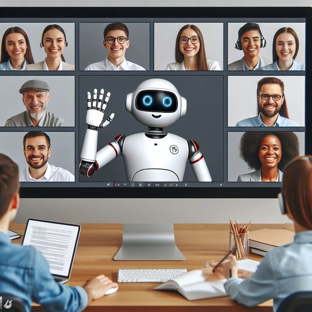 robot showing up to a video call with a diverse group of engineers