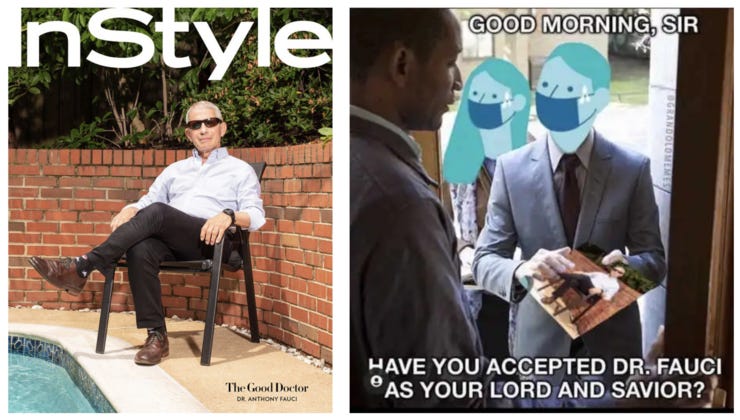 On the left, a mass media meme depicting Fauci as a dapper and principled upholder of science. On the right, the original meme re-contextualized to portray him as a Jim Jones-like cult leader.
