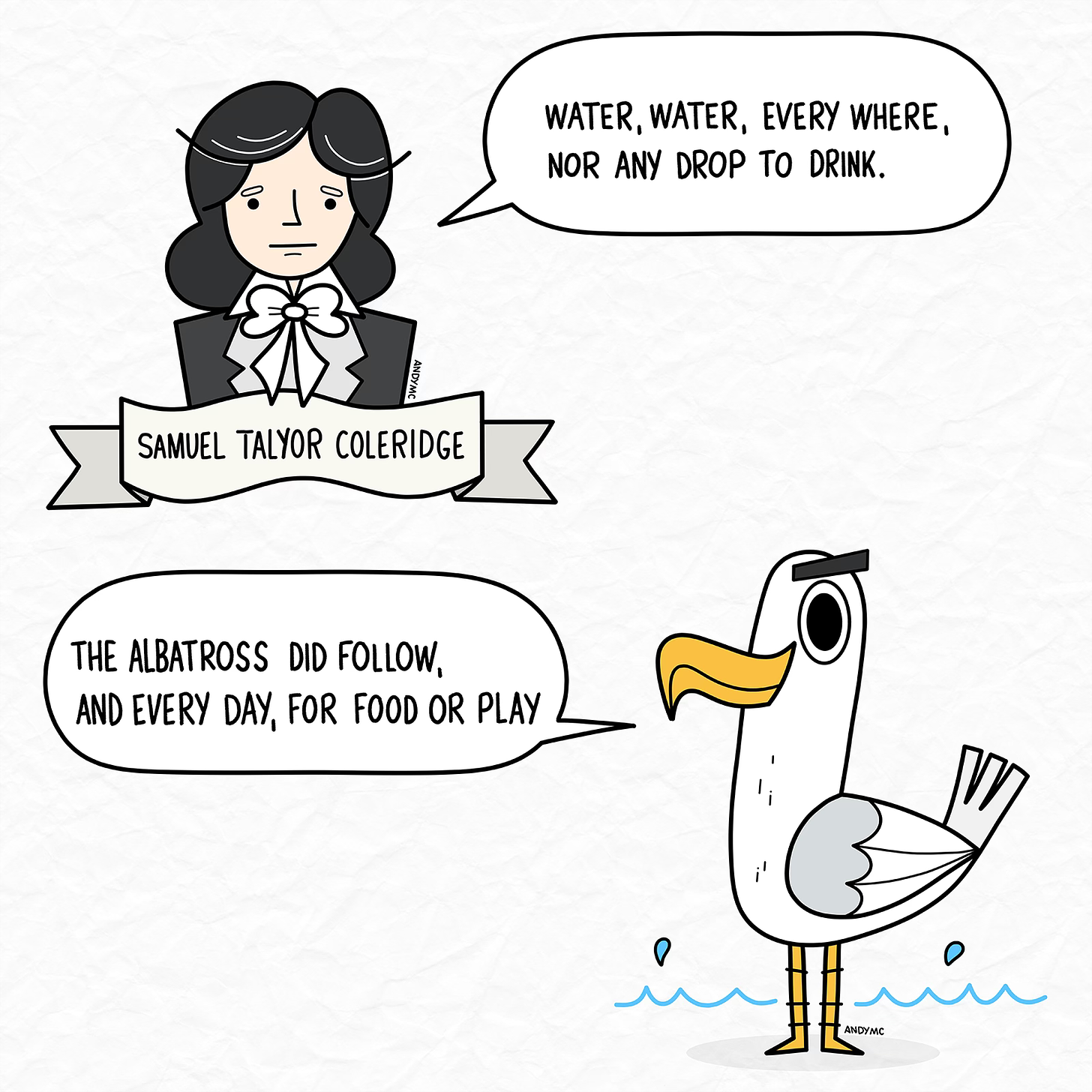 a cartoon illustration of the author Samuel Taylor Coleridge and an albatross 