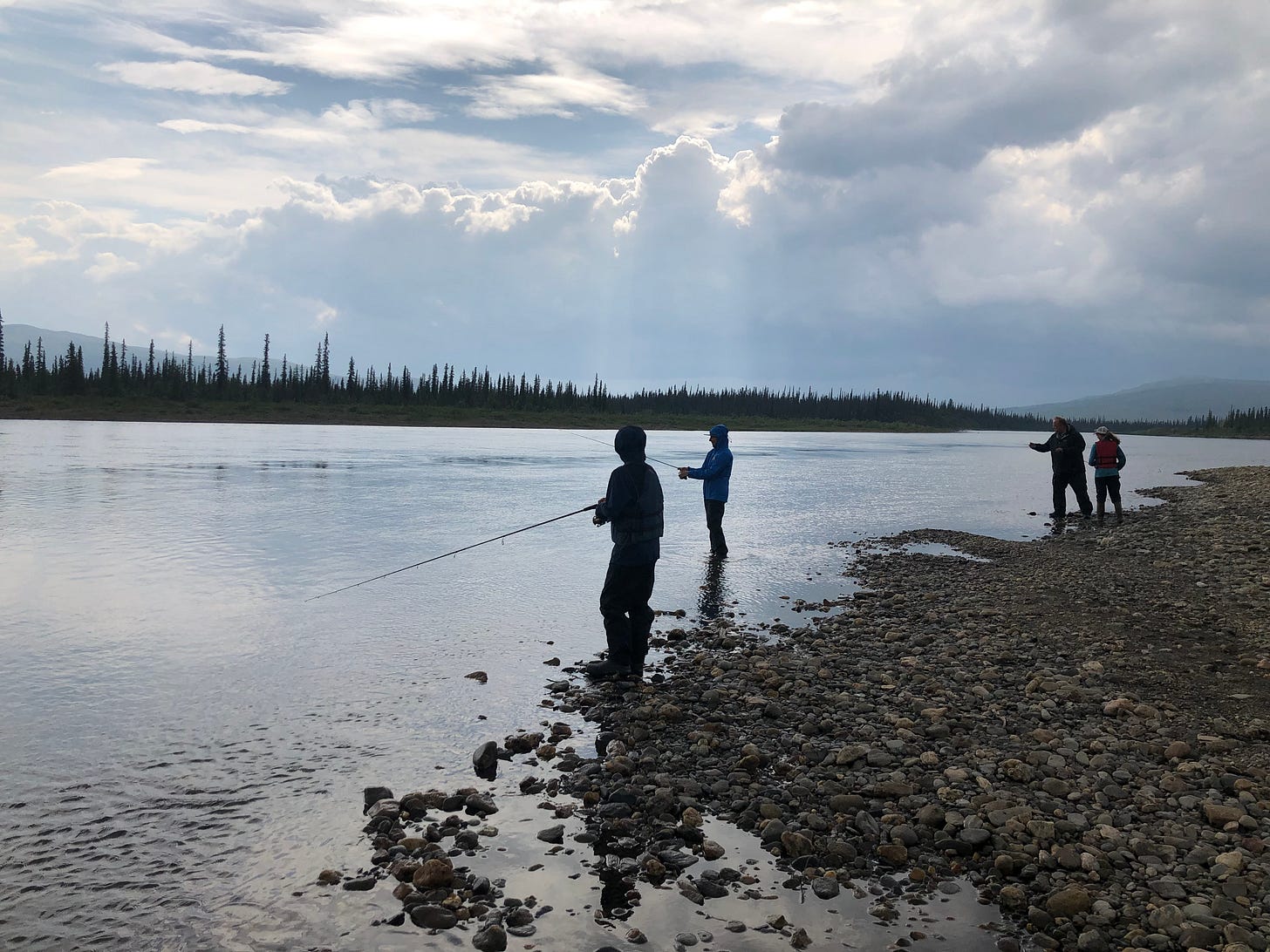 Standing on the shores of a large river fishing with spruce trees in the background.