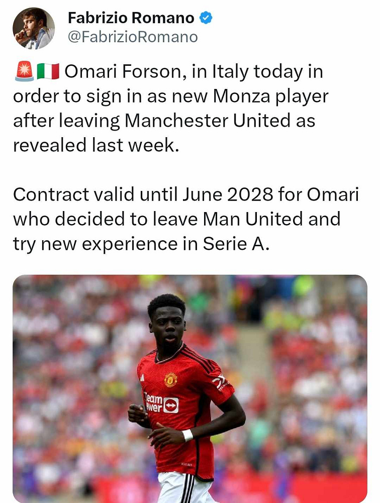 A tweet by Fabrizio Romano about Omari Forson