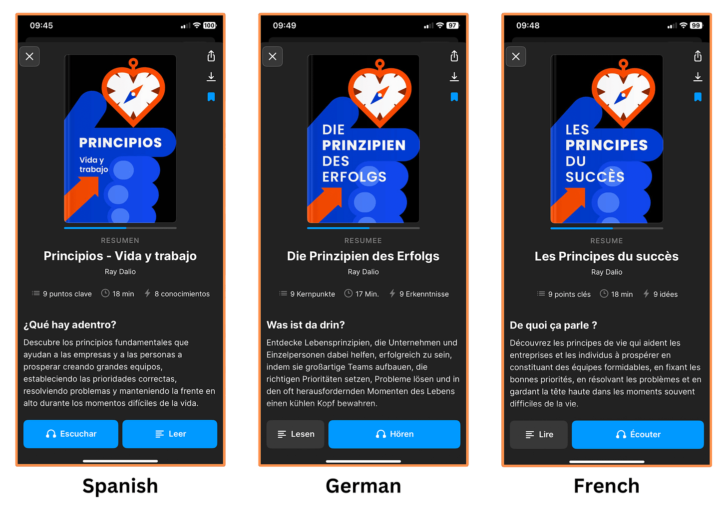 Headway App’s languages for the book Principles