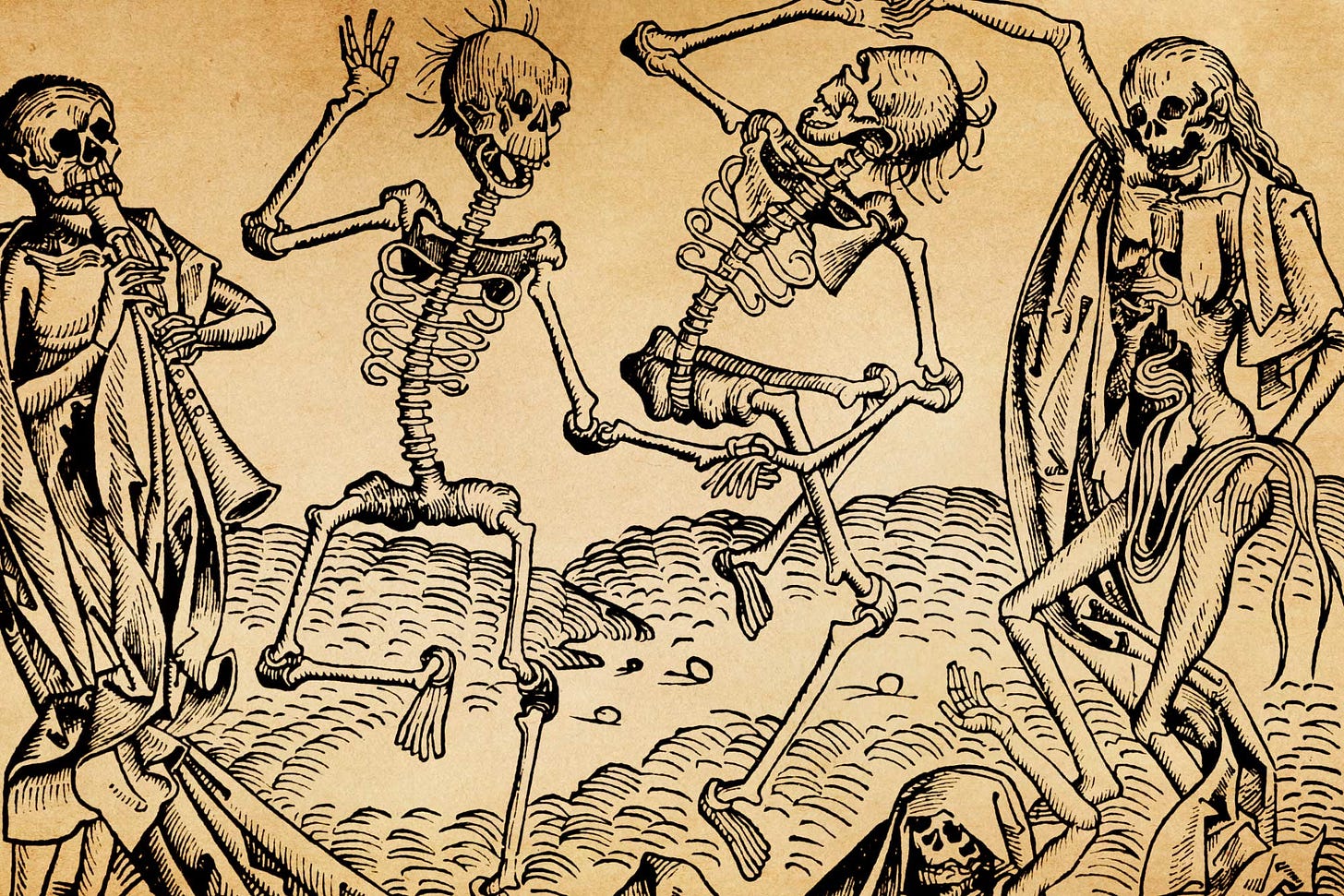 Drawing of skeletons dressed dancing and playing musical instruments