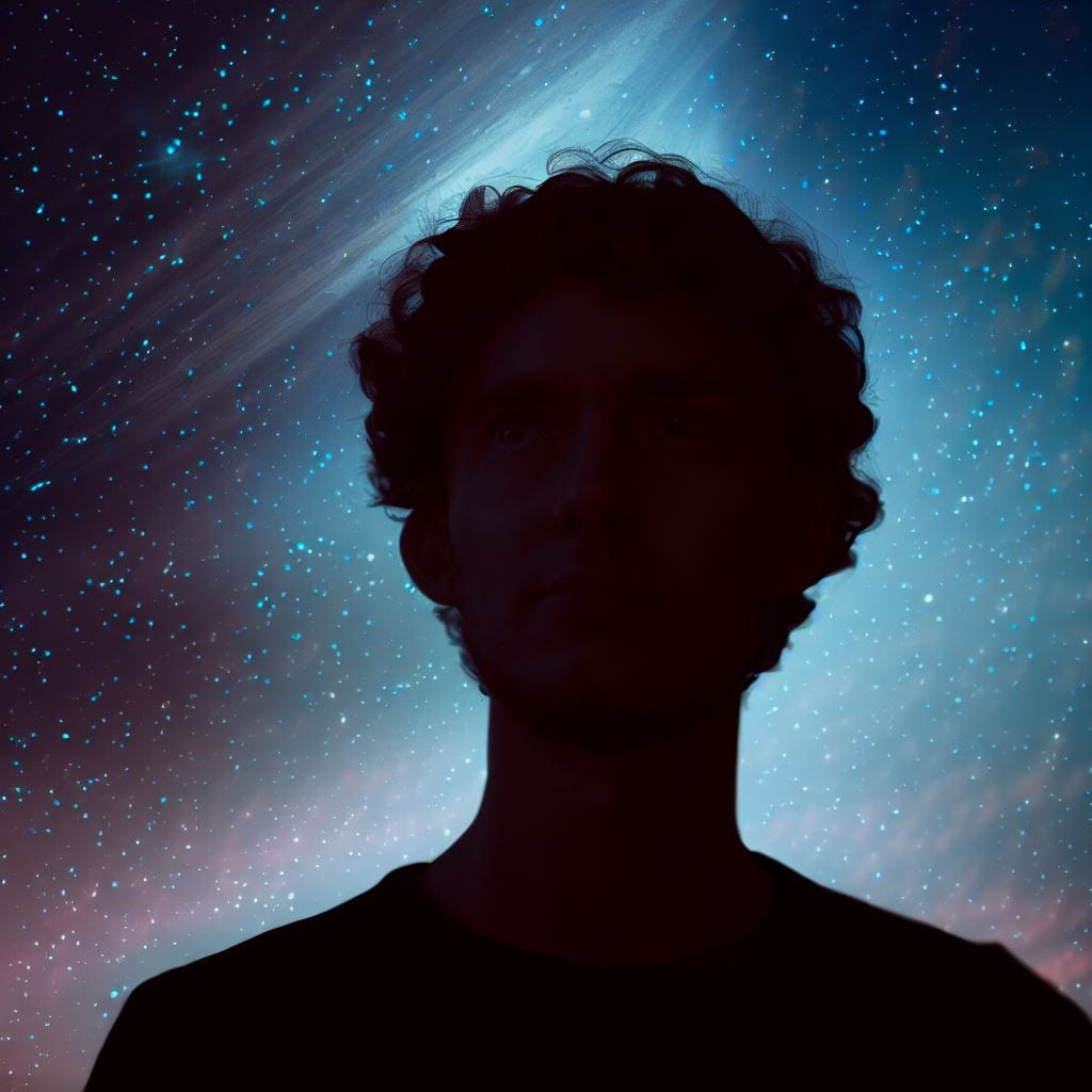 A portrait of Avi Loeb with a starry background and a silhouette of 'Oumuamua